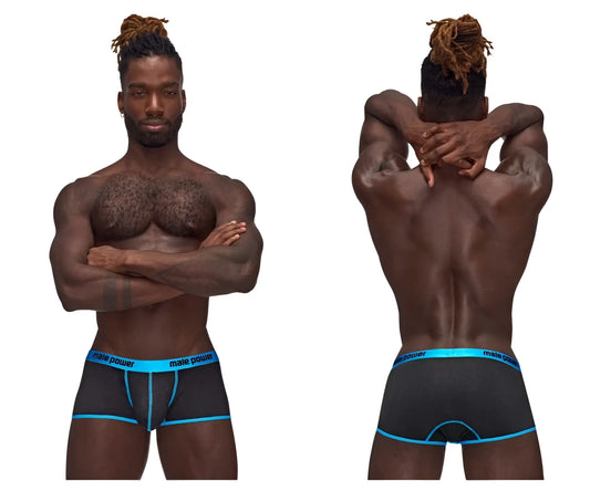 Male power 143-270 casanova uplift mini short black briefs with bright blue trim and male power branding