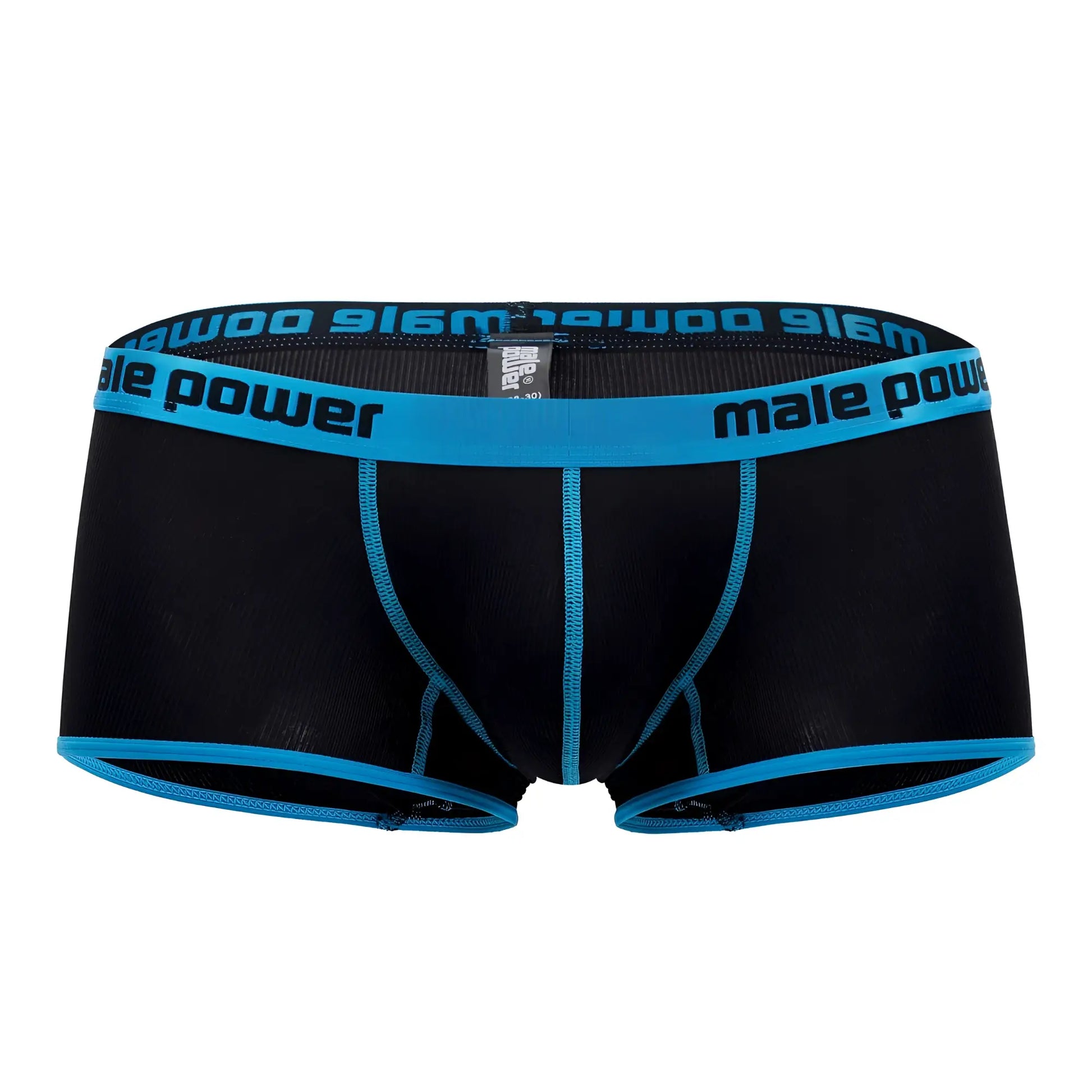 Male power 143-270 casanova uplift mini short black men’s briefs with bright blue trim and branded waistband