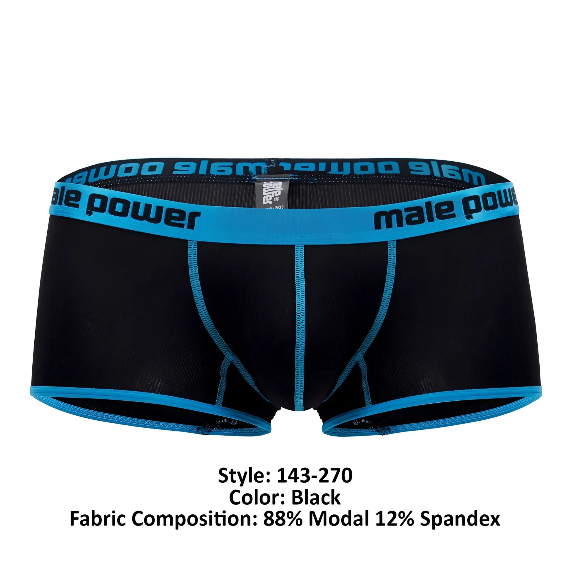 Black male power 143-270 casanova uplift mini shorts with bright blue trim and logo waistband