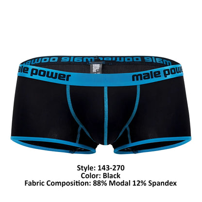 Black male power 143-270 casanova uplift mini shorts with bright blue trim and logo waistband