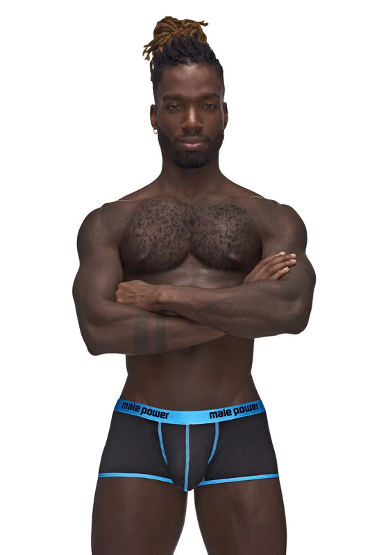 Black mesh male power casanova uplift mini short briefs with bright blue trim and branded waistband