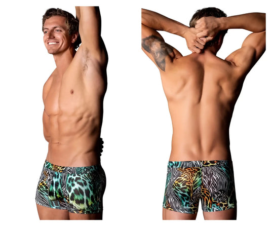 Male power 143-295 go wild uplift mini short boxer briefs with vibrant teal black and gold leopard and zebra print