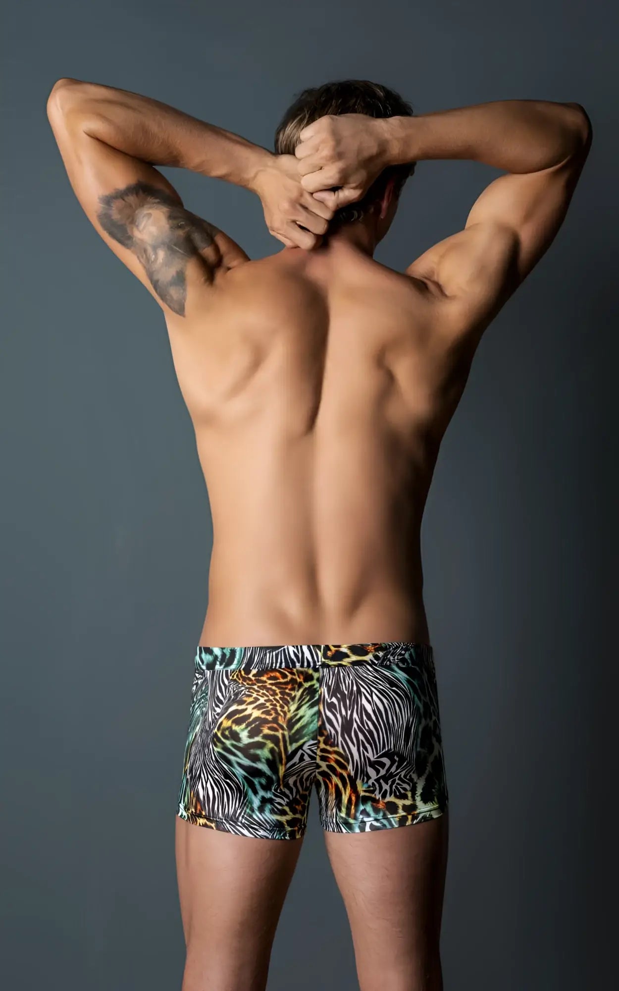 Men’s Male Power 143-295 Go Wild uplift mini short boxer briefs in vibrant multi animal print with leopard zebra and tiger patterns