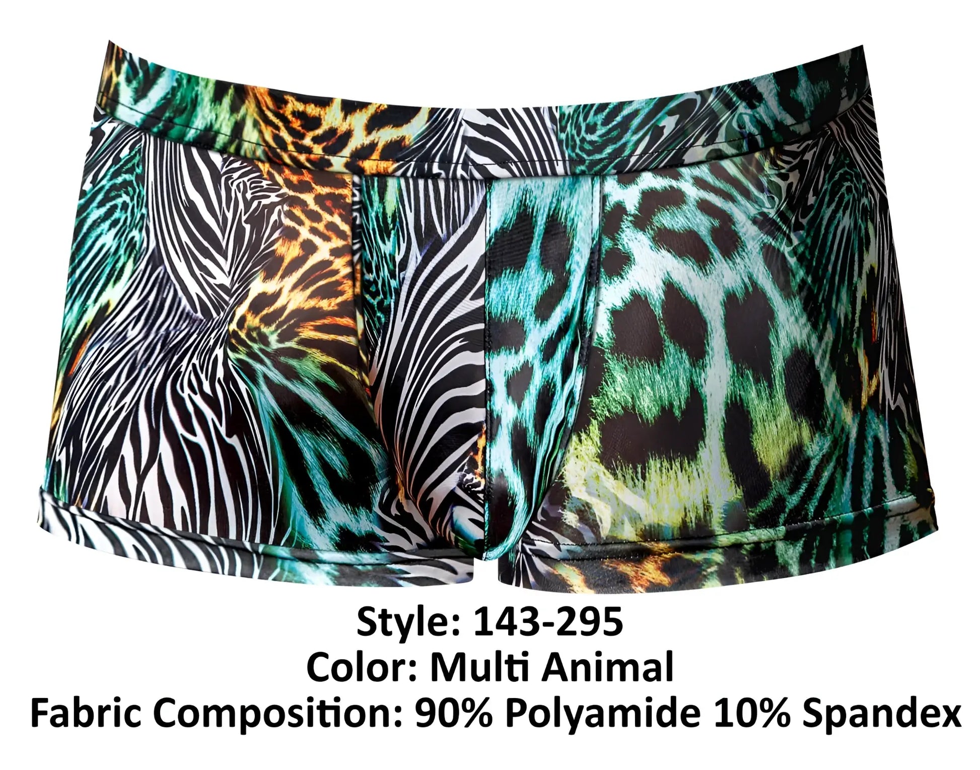 Male power 143-295 go wild uplift mini short multi animal print briefs in vibrant zebra leopard and tiger patterns on stretchy fabric