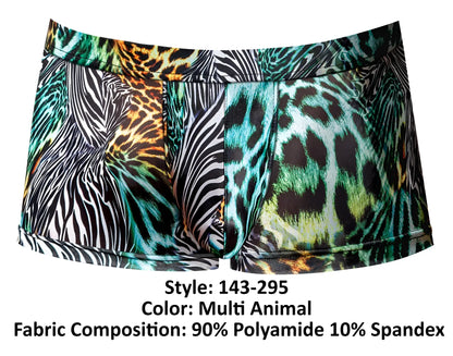 Male power 143-295 go wild uplift mini short multi animal print briefs in vibrant zebra leopard and tiger patterns on stretchy fabric