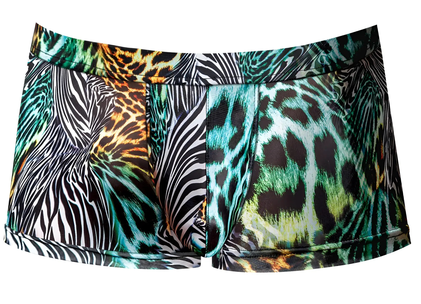 Male Power 143-295 Go Wild uplift mini short vibrant multi-patterned men’s briefs with teal black white and orange animal prints