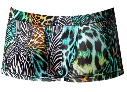 Male Power 143-295 Go Wild uplift mini short vibrant multi-patterned men’s briefs with teal black white and orange animal prints