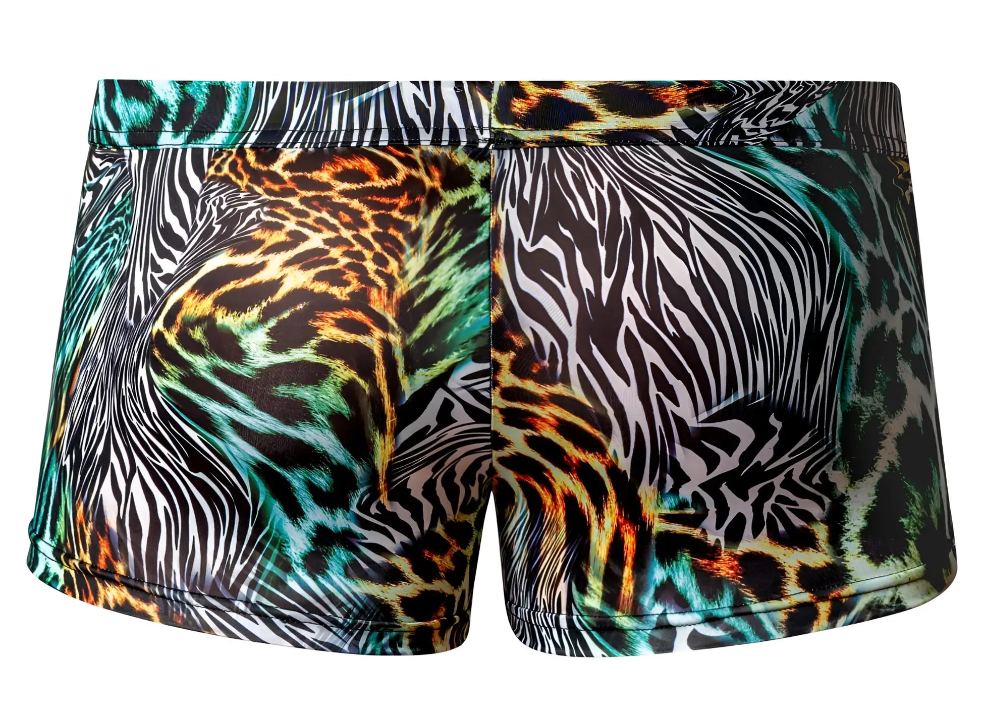 Male power 143-295 go wild uplift mini swim trunks with vibrant zebra and leopard print in black white teal orange and brown