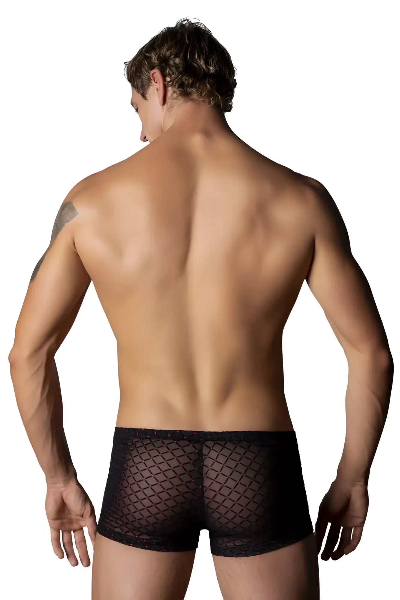 Black fishnet boxer briefs with diamond-patterned mesh design from male power widow maker mini pouch short