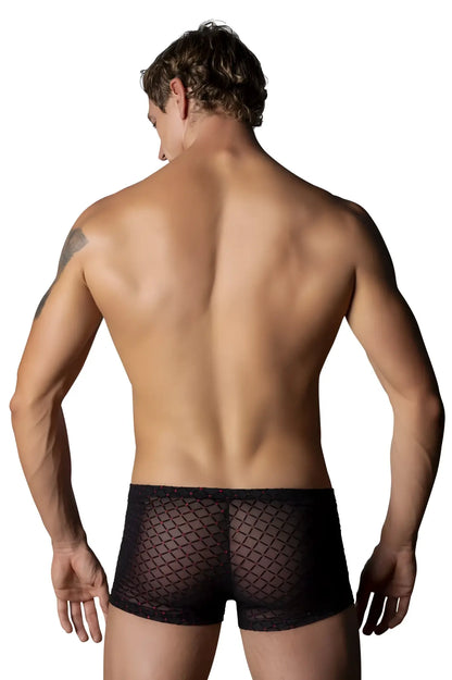 Black fishnet boxer briefs with diamond-patterned mesh design from male power widow maker mini pouch short