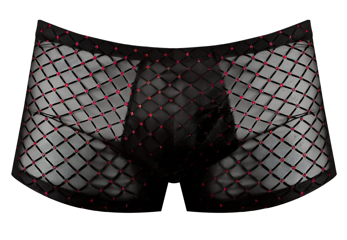 Male power 143-296 widow maker mini pouch short in black fishnet with diamond pattern and red rhinestone accents