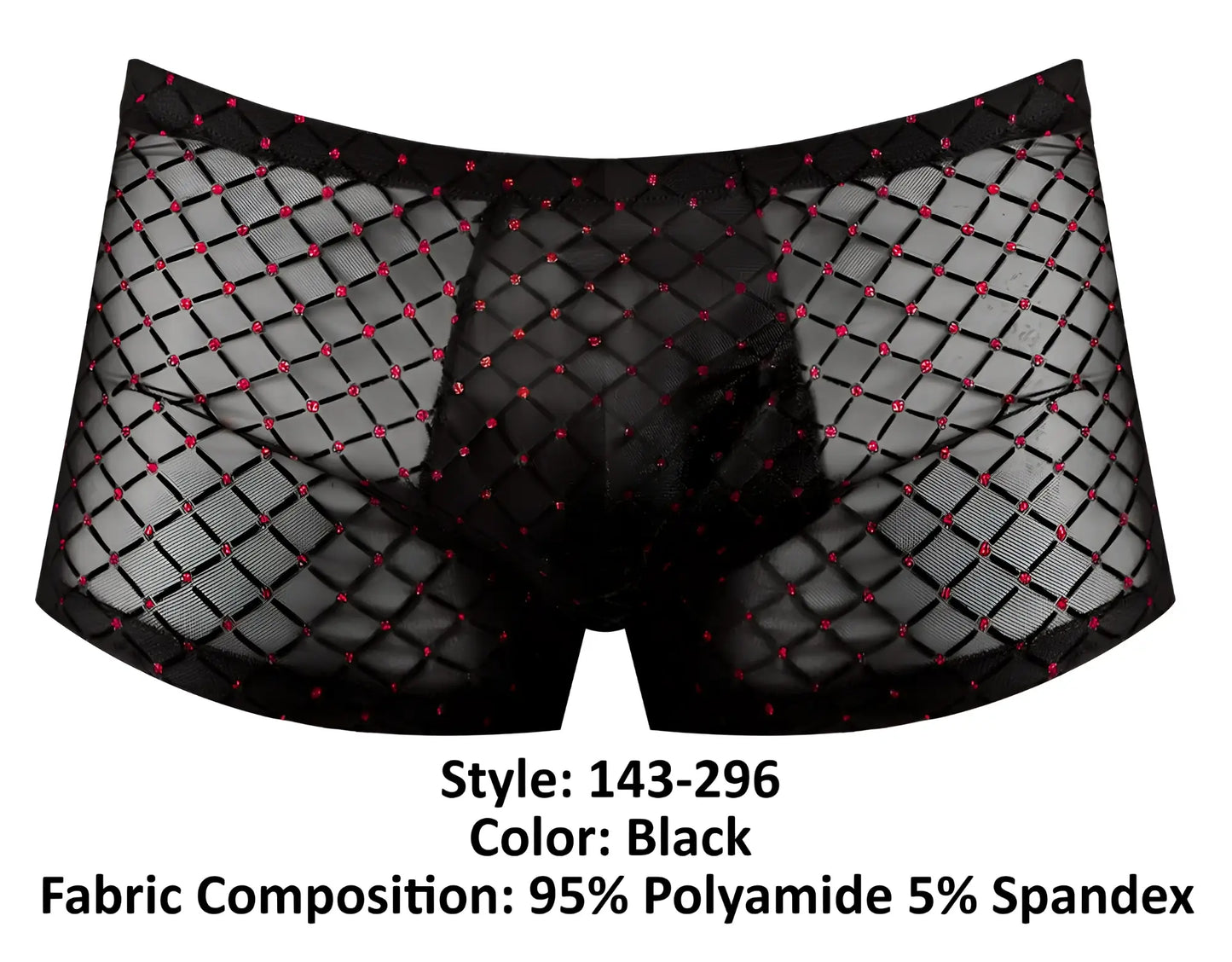 Male Power 143-296 widow maker mini pouch short black mesh briefs with diamond pattern and pink rhinestones