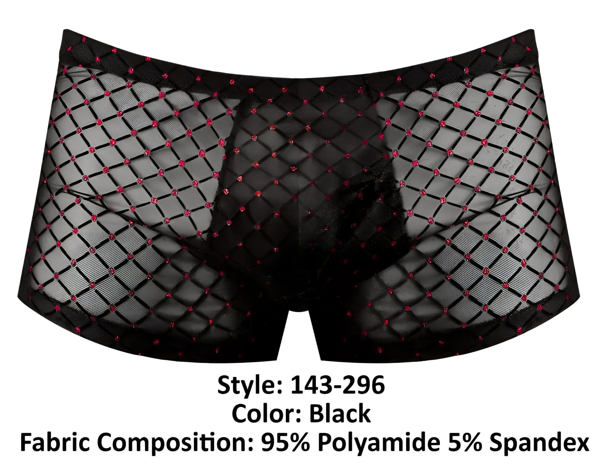 Male Power 143-296 widow maker mini pouch short black mesh briefs with diamond pattern and pink rhinestones