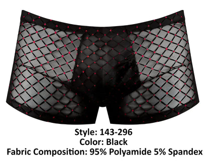 Male Power 143-296 widow maker mini pouch short black mesh briefs with diamond pattern and pink rhinestones