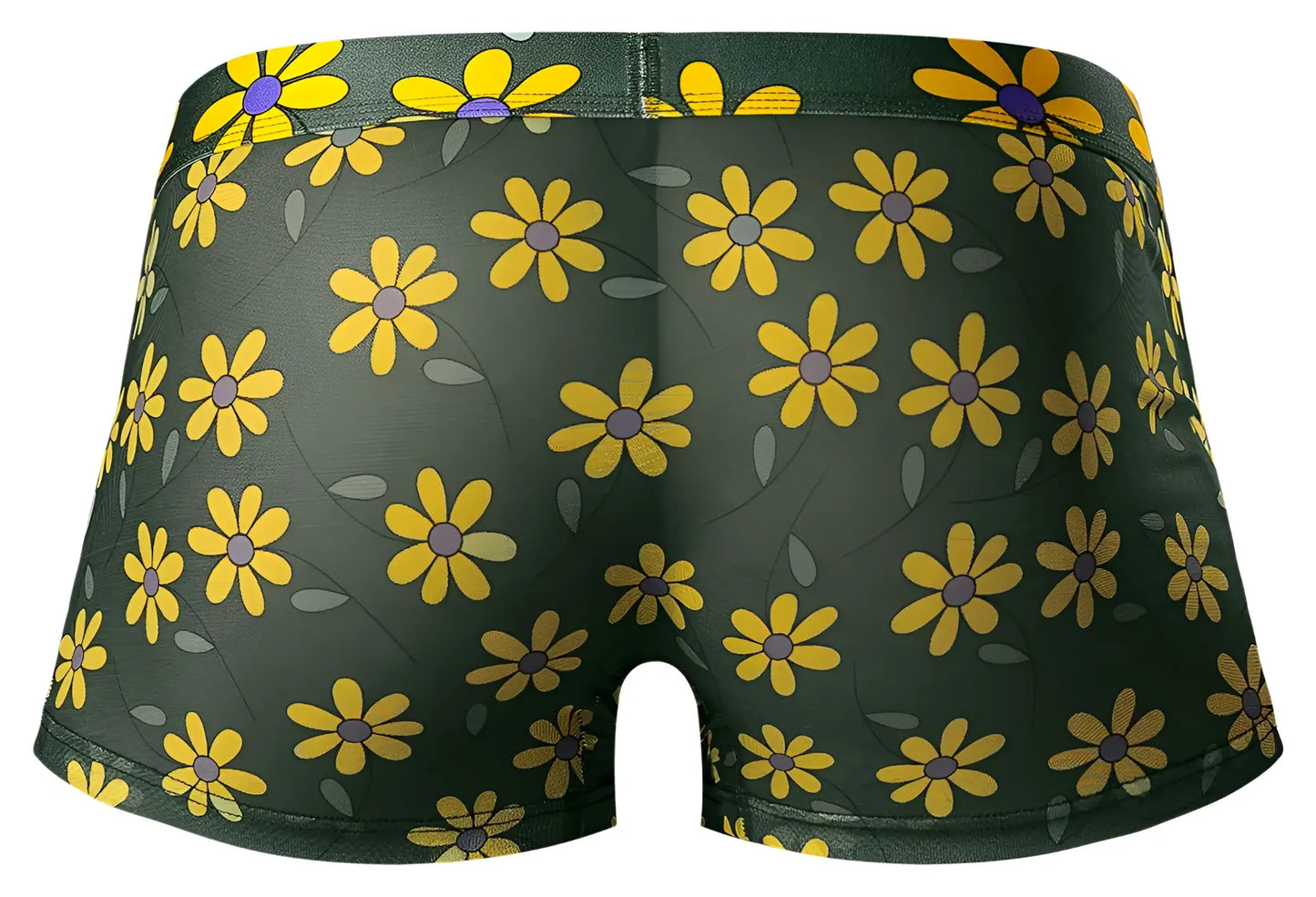Dark green male power boxer briefs with yellow daisy print purple centers and gray leaves petal power pouch short