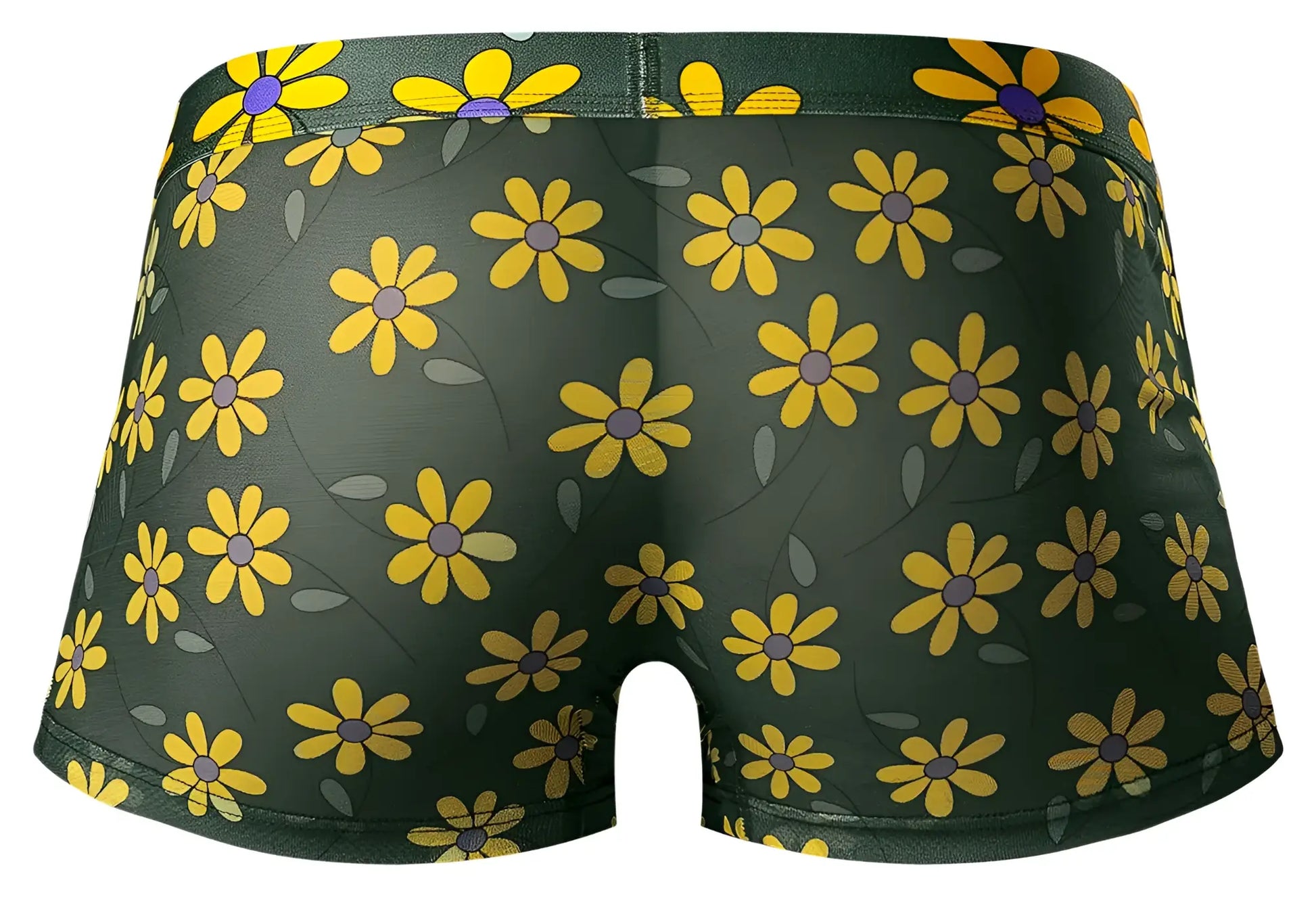 Dark green male power boxer briefs with yellow daisy print purple centers and gray leaves petal power pouch short