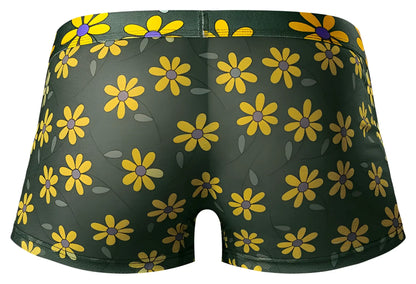 Dark green male power boxer briefs with yellow daisy print purple centers and gray leaves petal power pouch short
