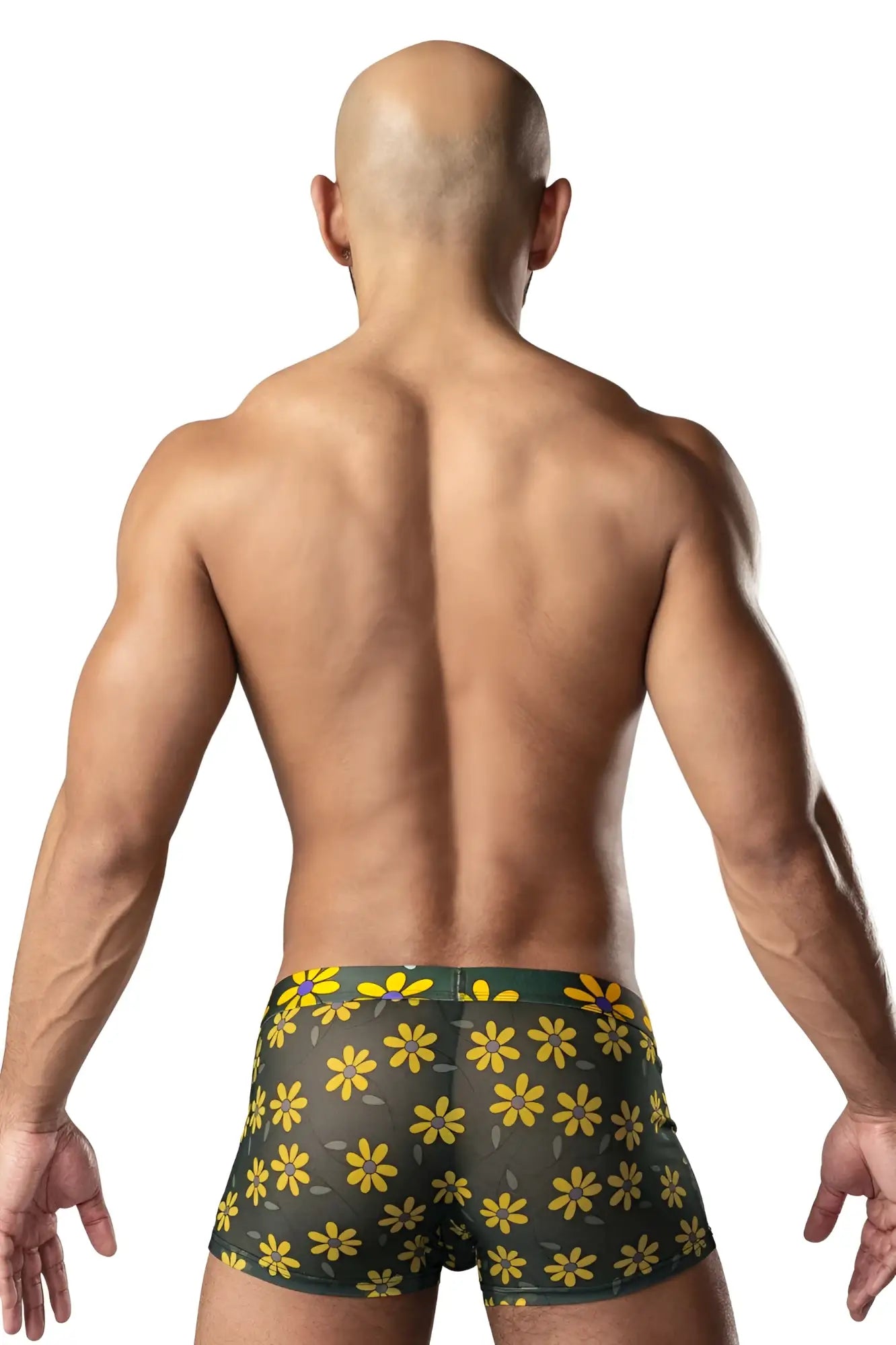Male power 145-285 dark green boxer briefs with vibrant yellow daisy print floral pattern and supportive pouch design