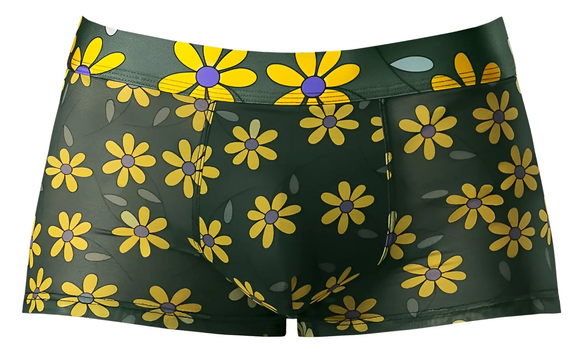Male power 145-285 petal power pouch short boxer briefs dark green with yellow daisies purple centers and gray leaves