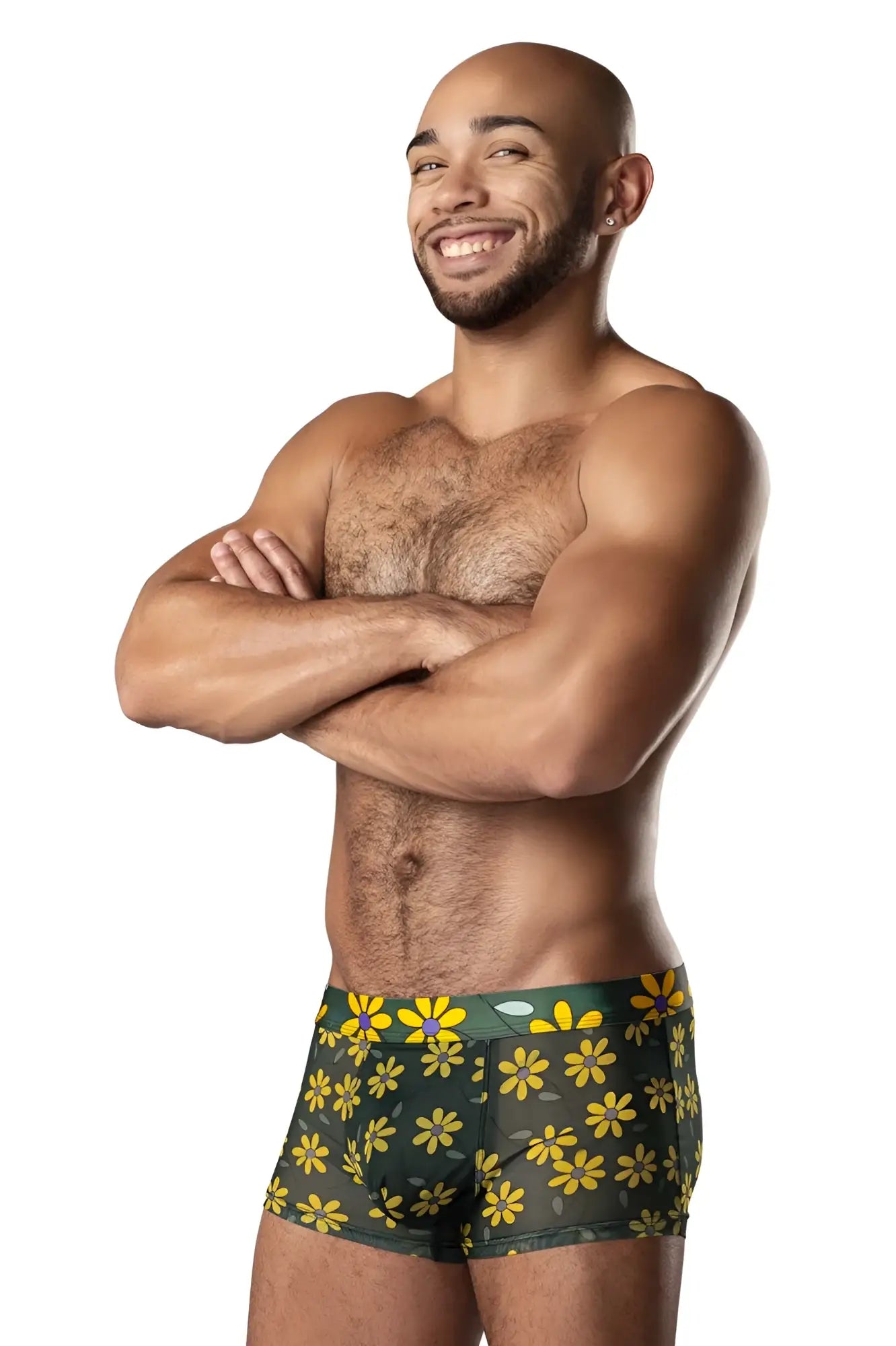 Green briefs by male power with vibrant yellow daisy print pouch short color daisy print design