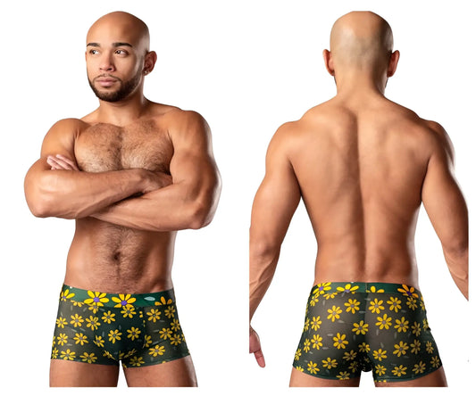 Male power 145-285 petal power green boxer briefs with yellow daisy print and purple centers pouch short