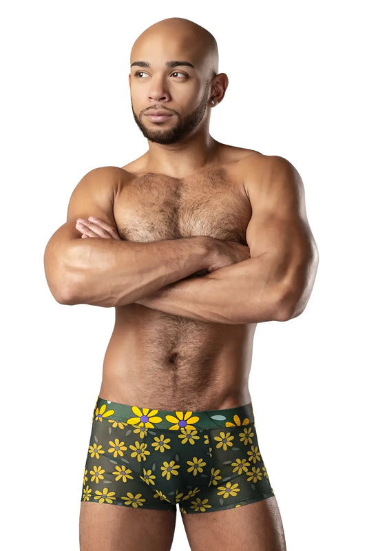 Male power 145-285 petal power green boxer briefs with vibrant yellow daisy print and purple centers
