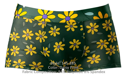 Male power 145-285 petal power pouch short in green with vibrant yellow daisy print and subtle gray leaf accents