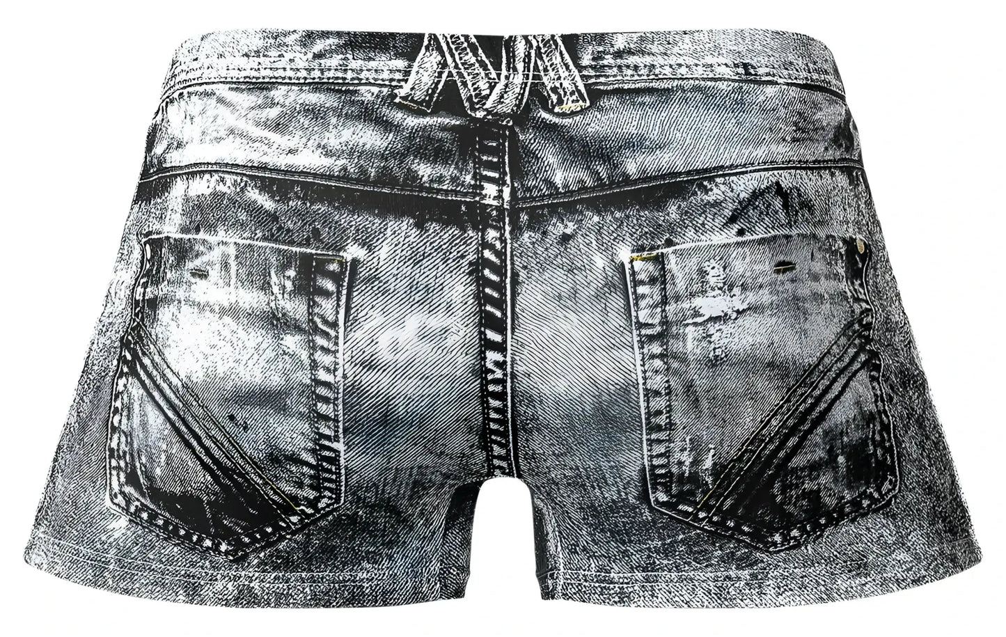 Distressed black and white denim shorts with faded worn-in look from male power 145-286 dirty denim mini short collection