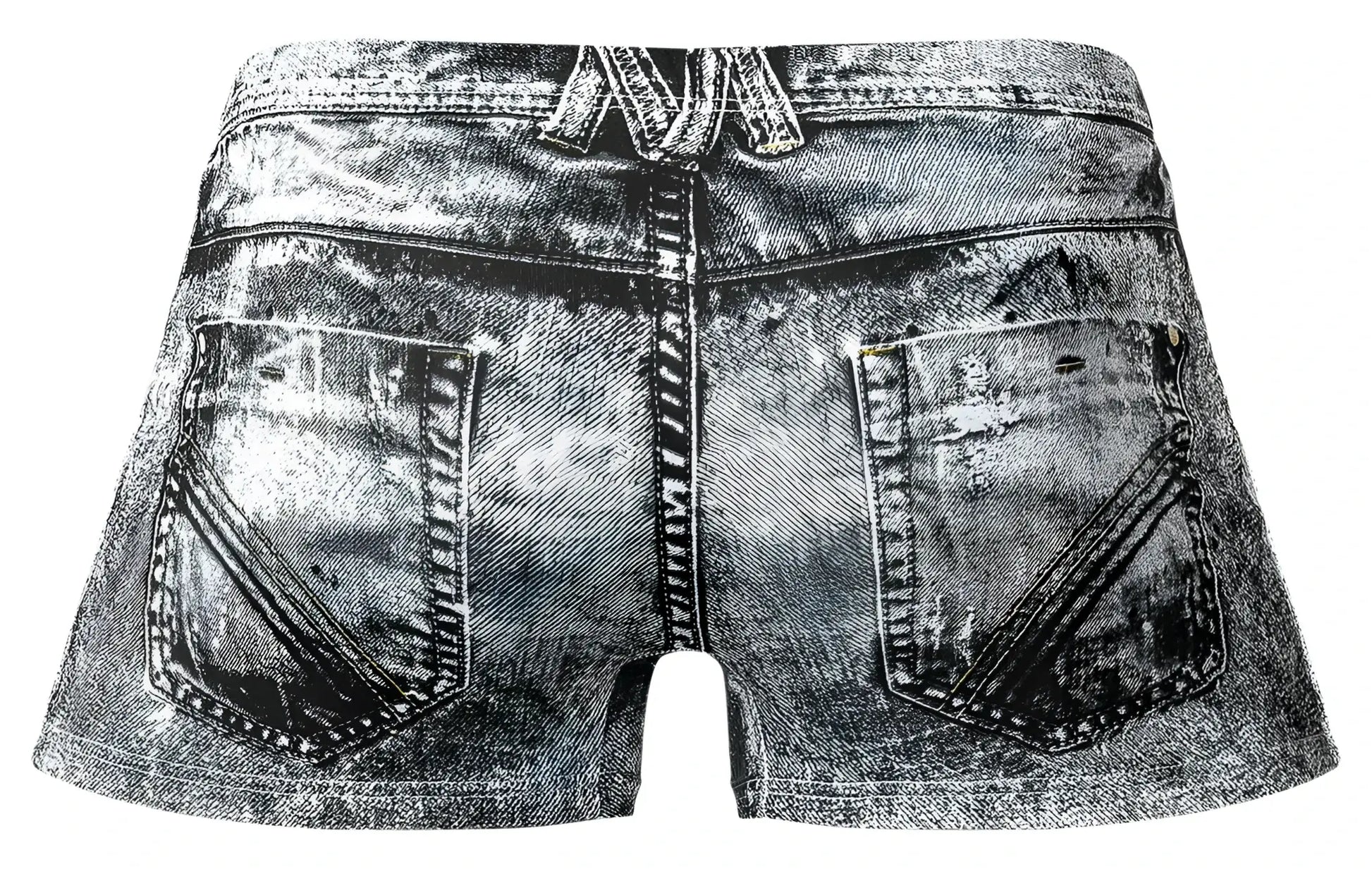 Distressed black and white denim shorts with faded worn-in look from male power 145-286 dirty denim mini short collection