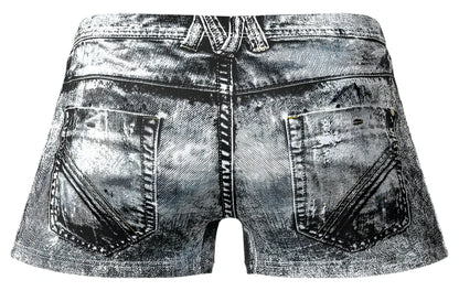 Distressed black and white denim shorts with faded worn-in look from male power 145-286 dirty denim mini short collection