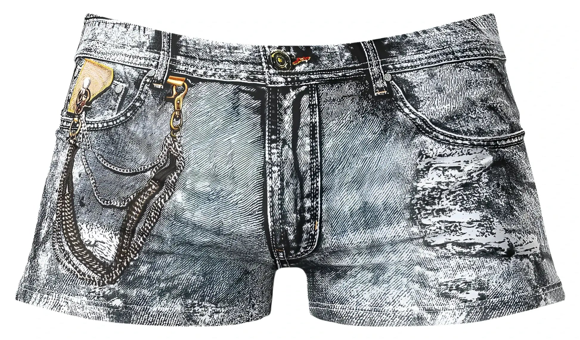 Distressed black and white denim shorts with chain accessory on front pocket male power 145-286 dirty denim mini short