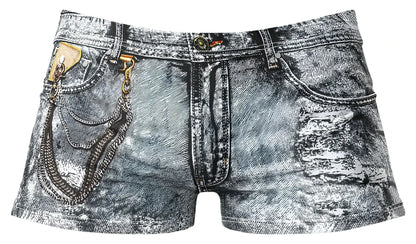 Distressed black and white denim shorts with chain accessory on front pocket male power 145-286 dirty denim mini short