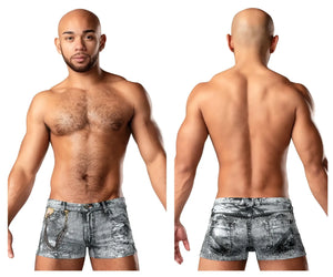 Distressed gray denim male power 145-286 dirty denim mini shorts with faded worn look and visible stitching details