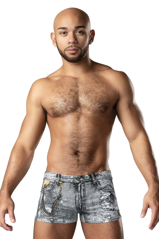 Male power 145-286 dirty denim mini short in faded gray distressed denim with decorative front pocket chains