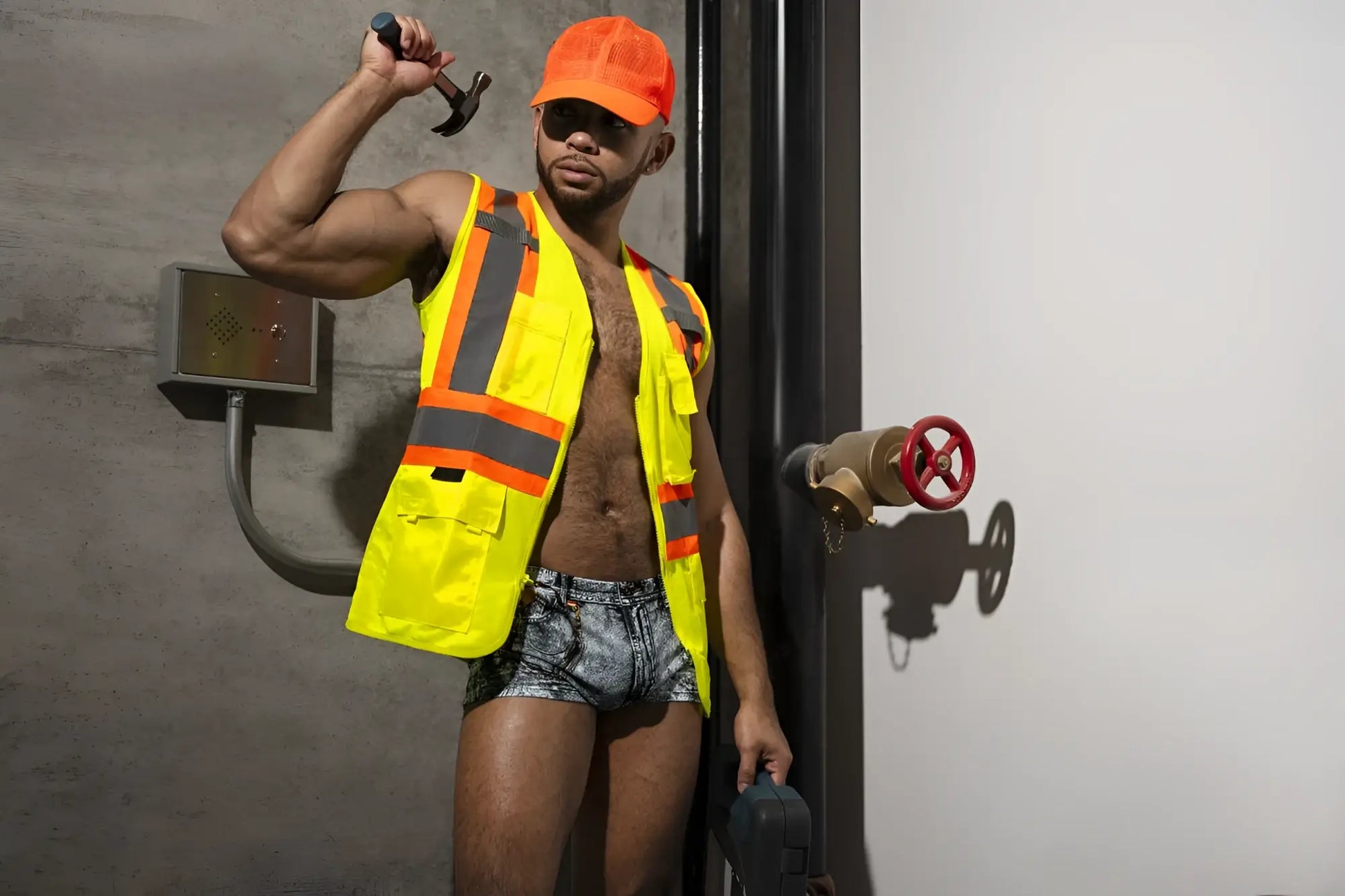 A muscular man wearing a bright yellow safety vest and orange hard hat with male power denim mini shorts in blue color