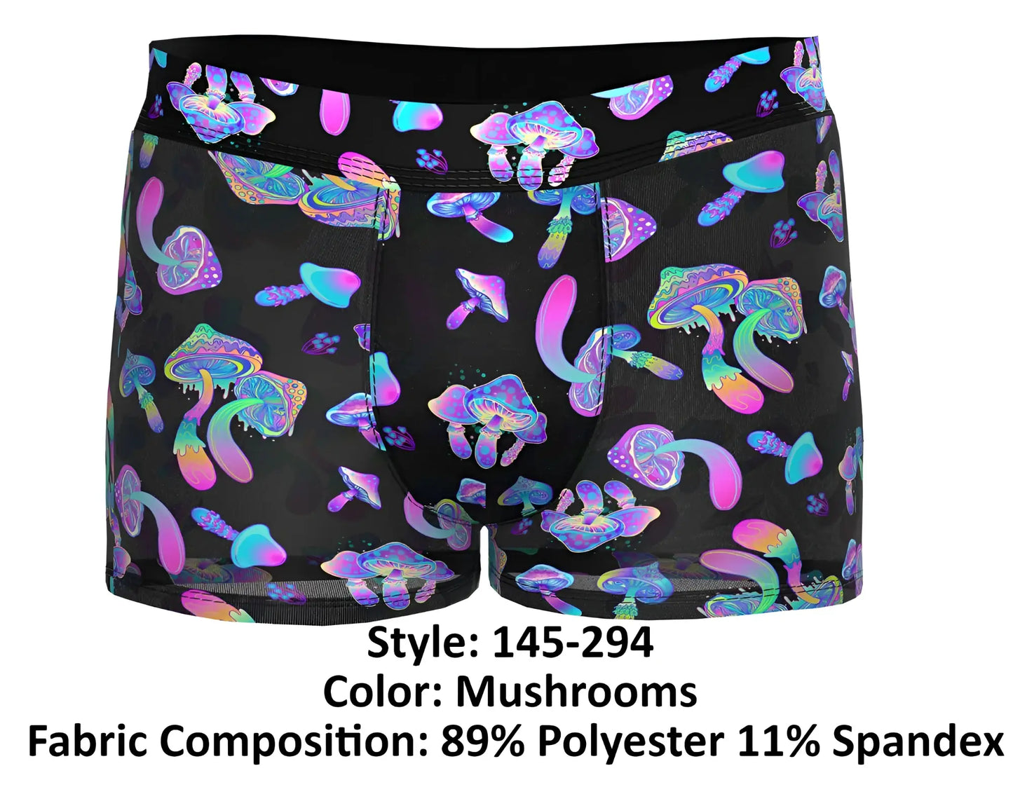Black boxer briefs by male power with vibrant iridescent purple pink and teal mushroom pattern pouch short