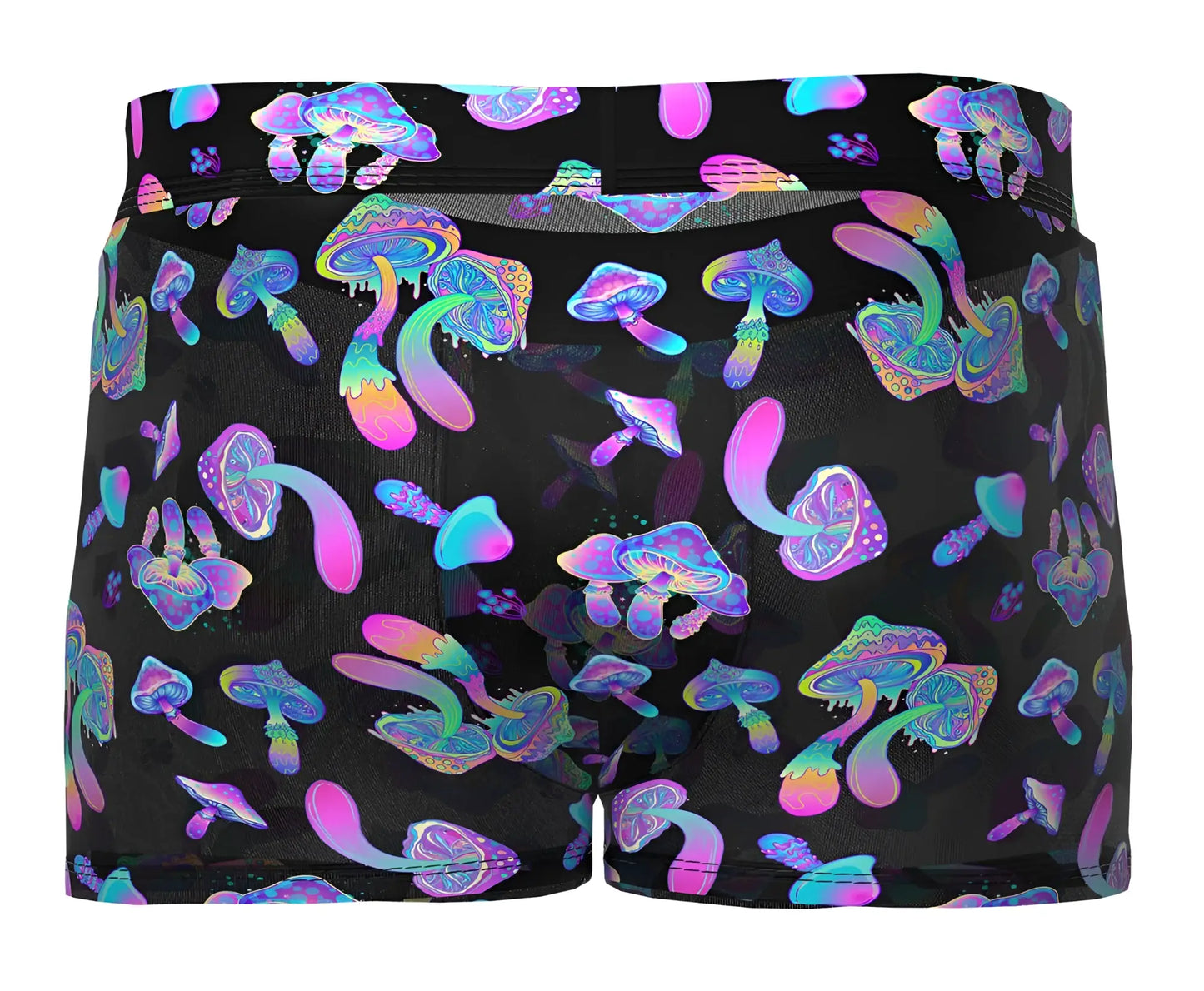 Male power 145-294 hazy dayz black mesh boxer shorts with vibrant purple pink and blue iridescent mushroom pattern