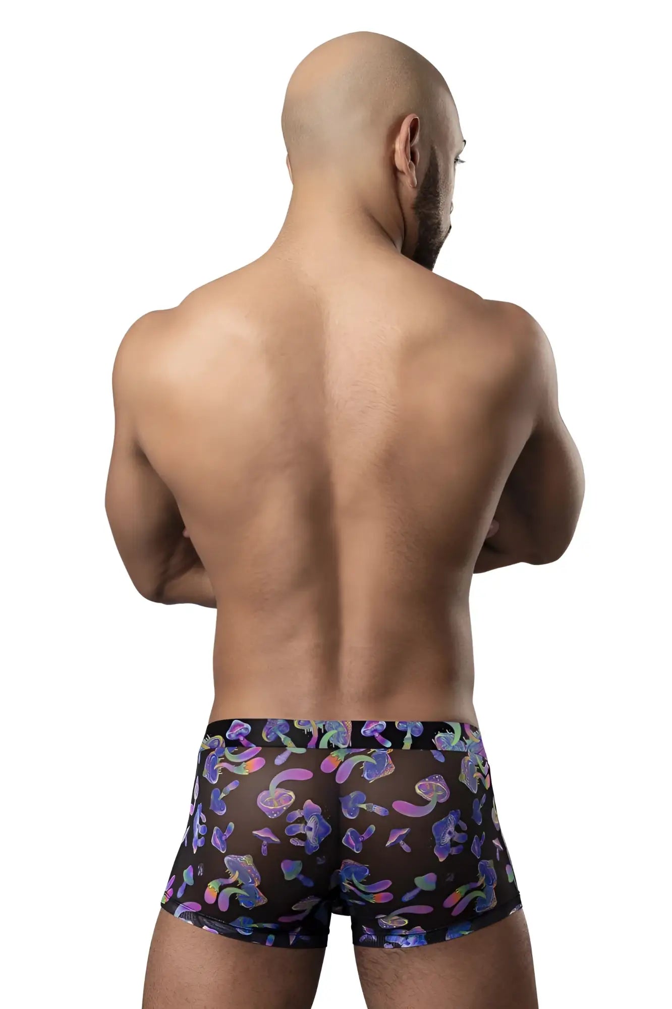 Black sheer boxer briefs with vibrant purple pink and blue mushroom pattern by male power 145-294 hazy dayz pouch short