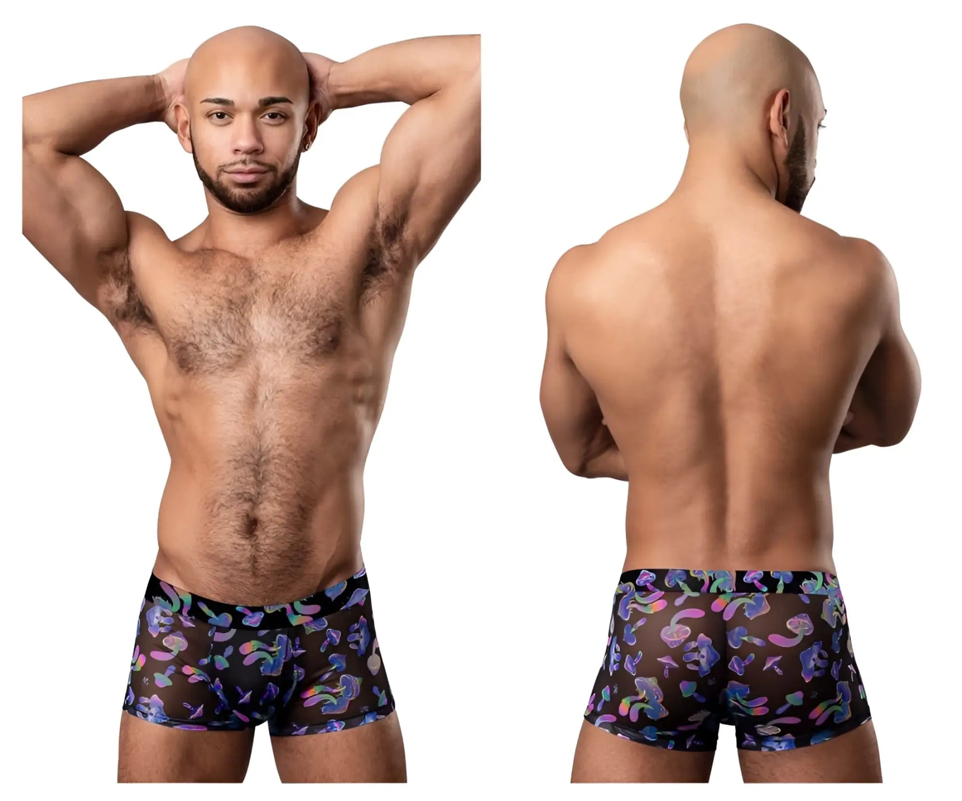 Black sheer boxer briefs male power 145-294 hazy dayz pouch short in colorful purple pink and blue abstract pattern