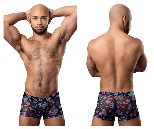 Black sheer boxer briefs male power 145-294 hazy dayz pouch short in colorful purple pink and blue abstract pattern