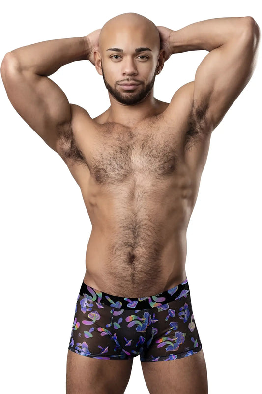 Black male power 145-294 hazy dayz pouch short briefs with vibrant iridescent purple and blue floral pattern