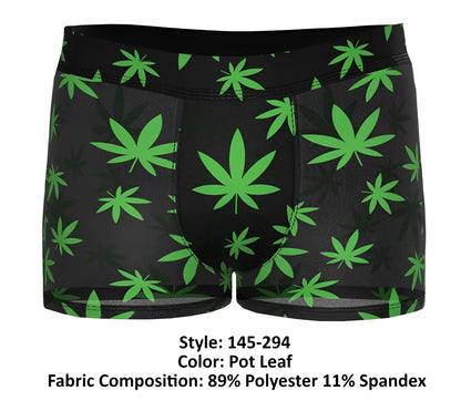 Black male power 145-294 hazy dayz pouch short boxer briefs with vibrant green cannabis leaf pattern