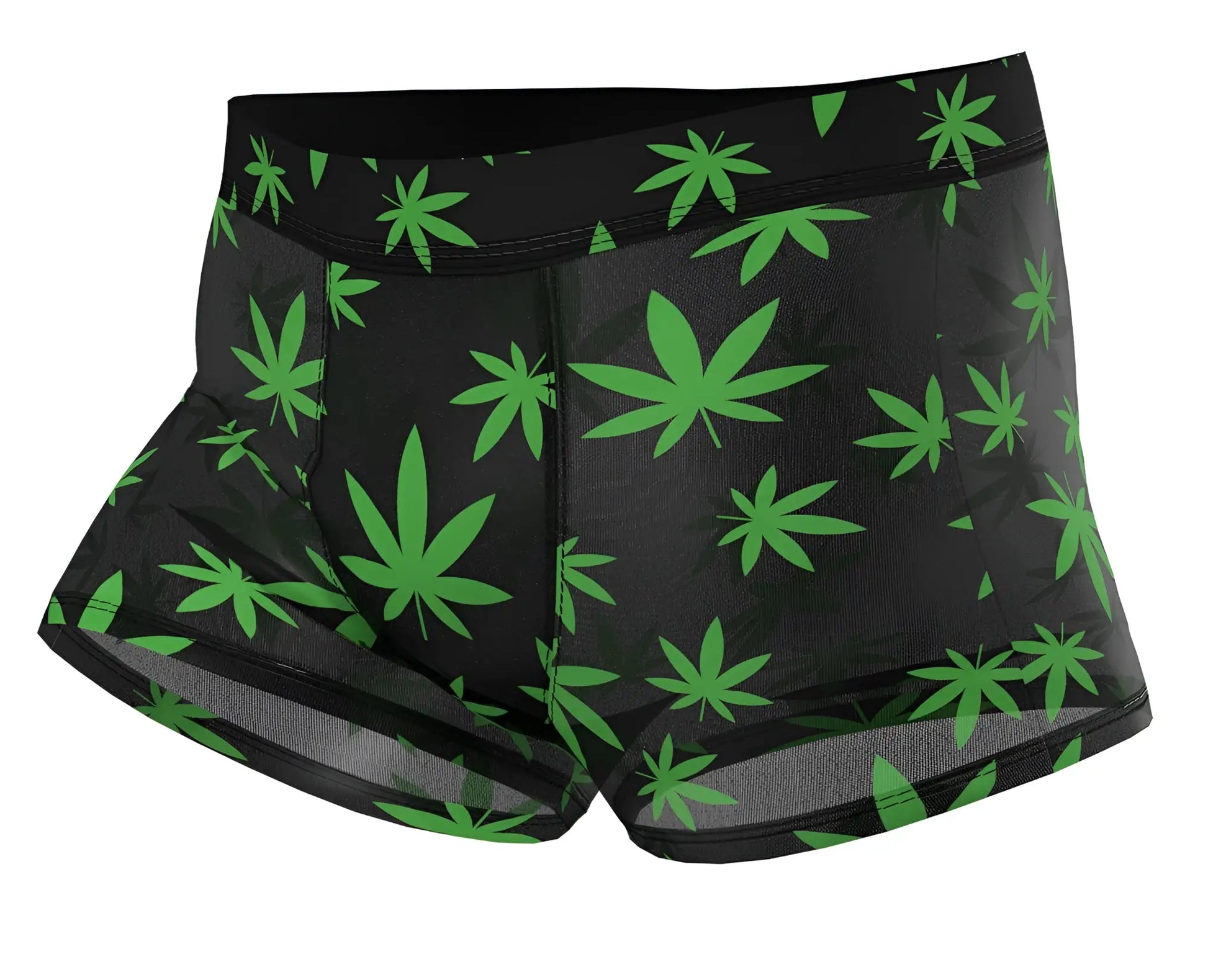 Male Power 145-294 hazy dayz pouch short boxer briefs in black with a vibrant green cannabis leaf pattern