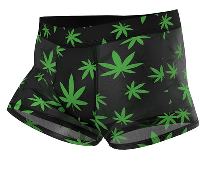 Male Power 145-294 hazy dayz pouch short boxer briefs in black with a vibrant green cannabis leaf pattern