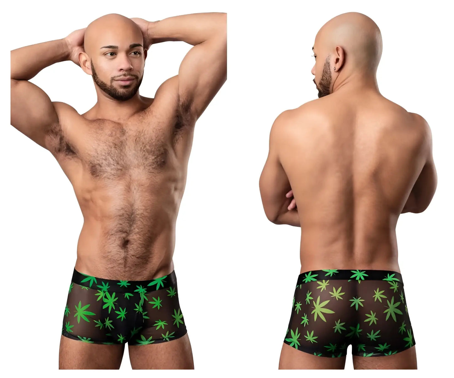 Male Power 145-294 hazy dayz black sheer boxer briefs with vibrant green marijuana leaf pot leaf pattern