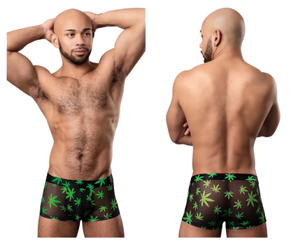Male Power 145-294 hazy dayz black sheer boxer briefs with vibrant green marijuana leaf pot leaf pattern