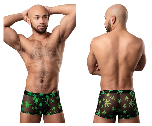 Male Power 145-294 hazy dayz black sheer boxer briefs with vibrant green marijuana leaf pot leaf pattern