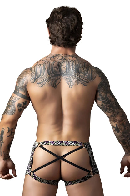 Black and printed leather harness-style briefs with crisscross straps showing the back side by male power