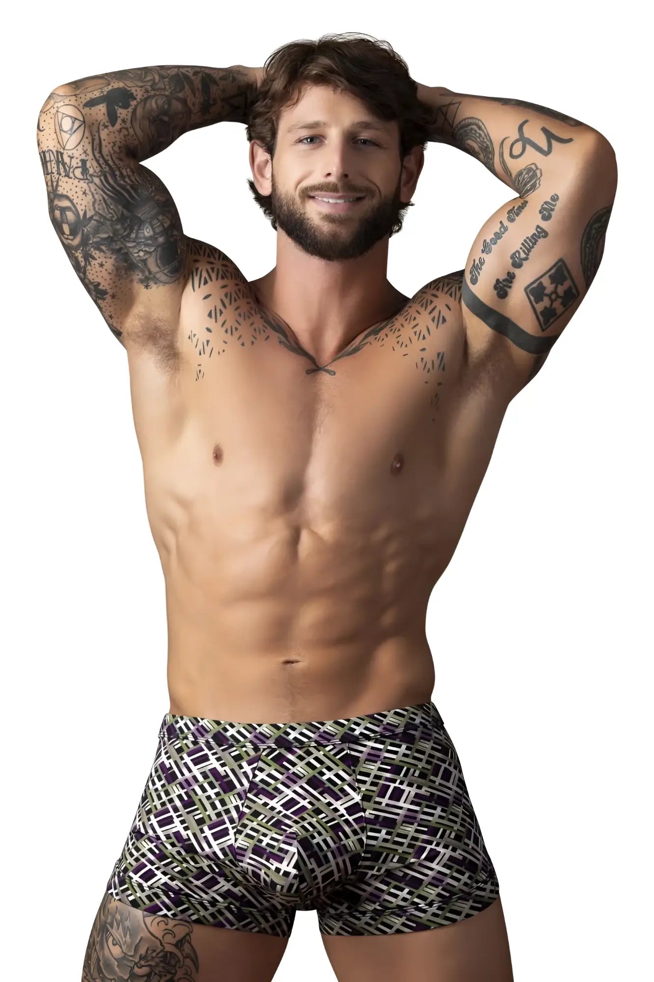 Male power 148-303 gridlocked strappy back short color printed black white and green geometric patterned men’s briefs back view