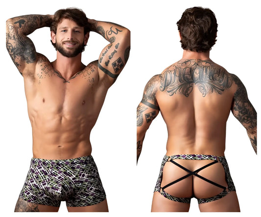 Male power 148-303 gridlocked strappy back short black and white patterned briefs with black cross-back straps back view